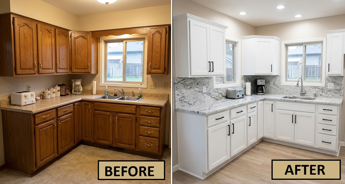 Before and after — kitchen hardware refresh by Handy Jimmy
